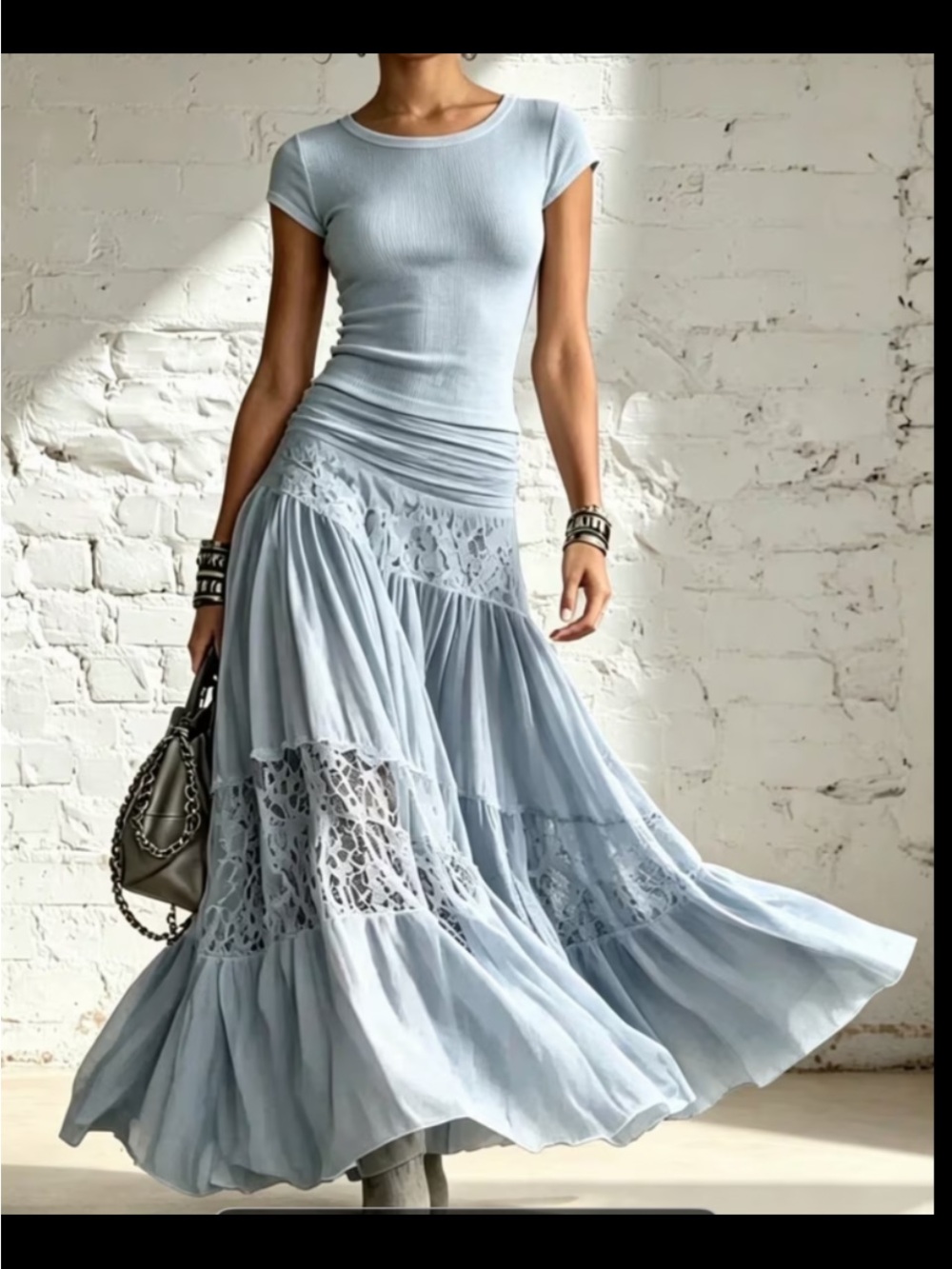 Blue Boho Maxi Lace-Panel Skirt - Women